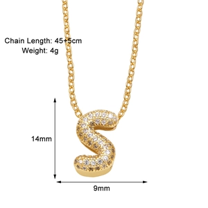 Detail view of gold letter S pendant with pavé cubic zirconia and size specifications