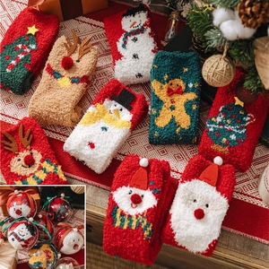 Chaussettes De Noël Polaire Corail Épaisses Chaudes Hiver Maison Sommeil Dessin Animé Femmes Renne Bonhomme De Neige Père Noël Mi-mollet