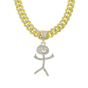 Hip Hop Iced Out Stickman Pendant Necklace Alloy Full Rhinestone Cuban Chain Bling Cartoon Figure Jewelry For Men