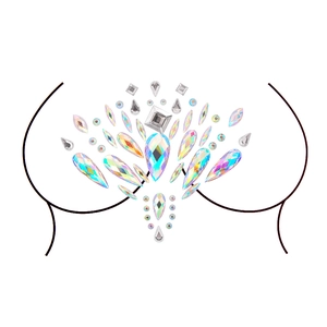 Detailed pattern of iridescent acrylic body gems shown on a female silhouette diagram