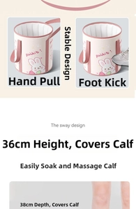 Detail view of pink foldable foot bath tub with cartoon rabbit showing 38cm depth and height