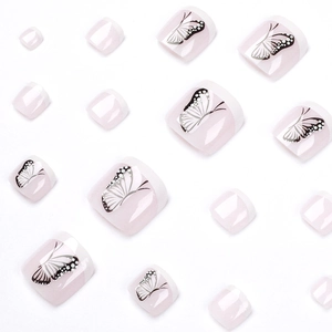 French tip butterfly press-on toenails set in nude pink with elegant white borders
