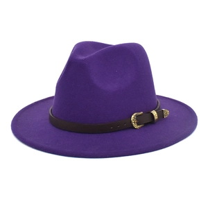 Detail of dark purple wool fedora with brown faux leather belt and vintage gold buckle