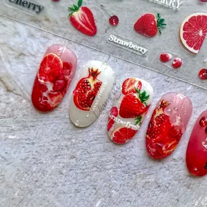 3D fruit nail art stickers with realistic strawberry and pomegranate designs for manicure