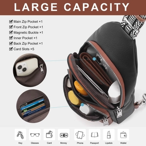 Detailed infographic showing multiple compartments and card slots of the black PU leather sling bag