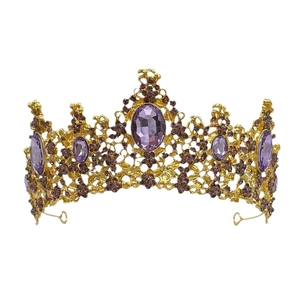 Baroque gold bridal tiara crown with purple crystal rhinestones for wedding party hair accessories