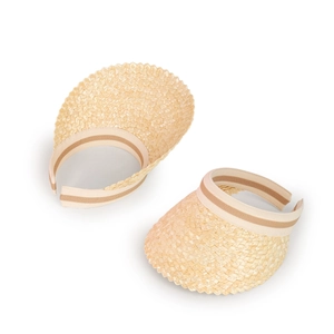 Beige wide brim straw sun visor hat with striped ribbon for summer outdoor protection