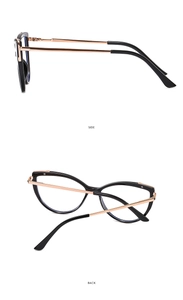Detailed side and back views of black cat-eye TR90 frames with rose gold metal temples
