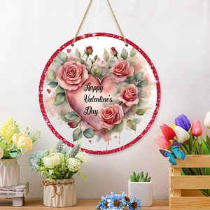 Plaque de porte ronde aquarelle Happy Valentine's Day avec roses roses et cordelette