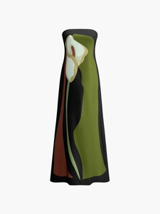 Elegant strapless A-line dress with green calla lily print on smooth black fabric