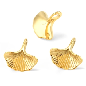 Golden stainless steel ginkgo leaf pendants with intricate vein texture on white background