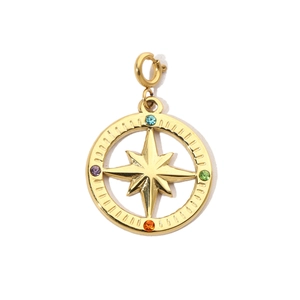 Detailed close-up of a gold compass pendant featuring multi-color gemstone accents