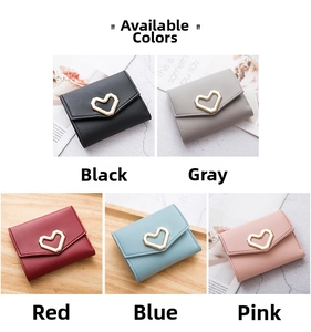 Collage of mini tri-fold purses with heart metal buckles in five elegant colors