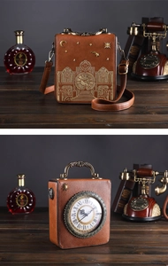 Detailed view showing the vintage clock design with embossed patterns on brown PU leather bag