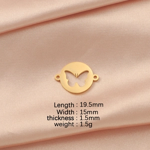Detailed size parameters of golden hollow butterfly pendant on pink silk background