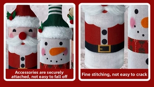 Detail of knitted Santa Claus and snowman wine bottle covers with faux fur and felt textures