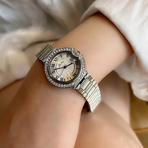 Elegant silver women's watch with crystal-encrusted dial and roman numerals on wrist