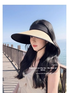 Detail of UV protection open-top sun hat with light straw brim and adjustable chin strap
