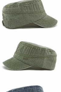 Detail view of washed canvas military flat top hat featuring metallic logo and stitching