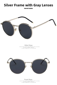 Front and side views of vintage round metal sunglasses with silver frames and grey lenses