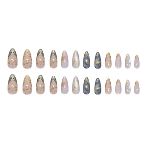 Starry sky themed almond press-on nails with 3D star moon and gold foil art 24pcs