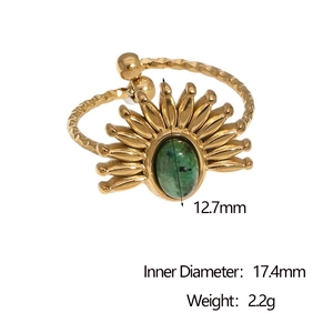 18k gold plated stainless steel ring with sunflower design and green stone inlay