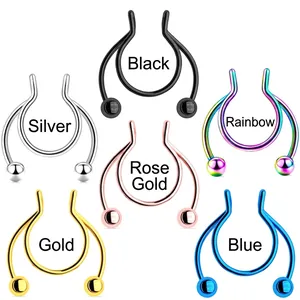 U-shaped stainless steel septum nose rings set in six vibrant metallic plated colors
