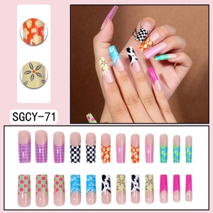 Extra long square press-on nails featuring mixed cow print and checkerboard colorful designs