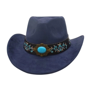 Navy blue western cowboy hat with turquoise buckle and floral embroidery details