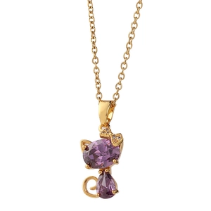 Gold titanium steel cat necklace featuring a purple gemstone pendant and diamond bow knot