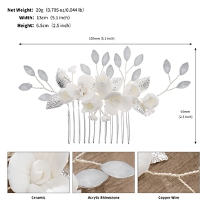 Detailed view of handmade ceramic flower bridal hair comb with dimensions and materials