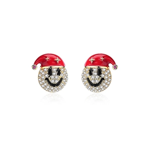 Christmas smiley face stud earrings with red hat and sparkling crystals in gold plating