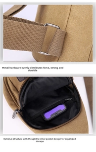 Detail of metal D-ring and organized inner pocket of this khaki canvas chest bag