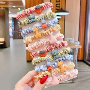 Set of 10 colorful children scrunchies with cute 3D cartoon animal and fruit charms