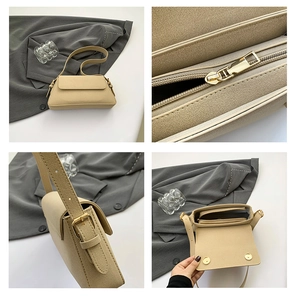 Detailed views of beige underarm bag showing gold hardware, strap, and interior space