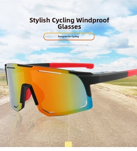 Outdoor cycling sunglasses with orange-blue mirrored lens and black matte frame on a road