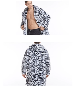 Front and back view of men's long faux fur coat with black and white zebra print patterns