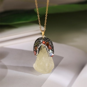 Natural crystal pendant with colorful rhinestones on a delicate gold chain necklace