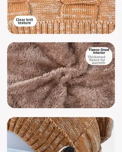 Detail of winter knitted hat showing thick yellow yarn texture and warm fleece lining