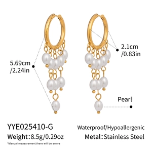 Detailed spec sheet showing pearl tassel earrings size and stainless steel material