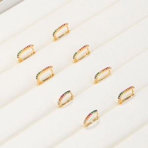 Rainbow cubic zirconia gold hoop earrings displayed in a professional jewelry box