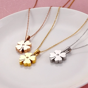 Three-color titanium steel four-leaf clover pendant necklaces in gold, silver, and rose gold