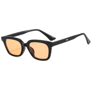 Retro small square frame sunglasses with black frame and orange lenses for men and women