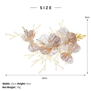 Detailed view of handmade pearl flower hair clip with size dimensions 13cm by 9cm