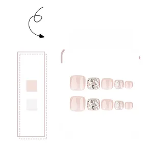 Close-up of pink cat-eye press-on toenails with silver glitter and rhinestone accents
