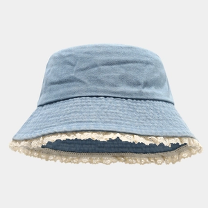 Chapeau bob en denim bleu clair avec bordure en dentelle blanche, protection solaire femme