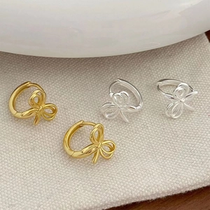 Elegant S925 silver bow-shaped hoop earrings in gold and silver finishes shown from front view