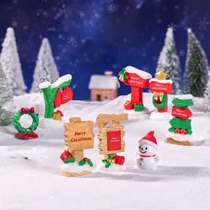 Miniature Christmas signposts and snowman figurines set for DIY holiday landscape decor