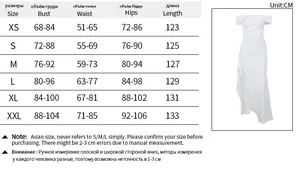 Größentabelle für schulterfreies Schlitzkleid mit Brust, Taille, Hüften und Länge in cm