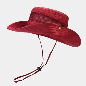 Red quick-dry sun hat with wide brim, breathable mesh, and adjustable chin strap for hiking